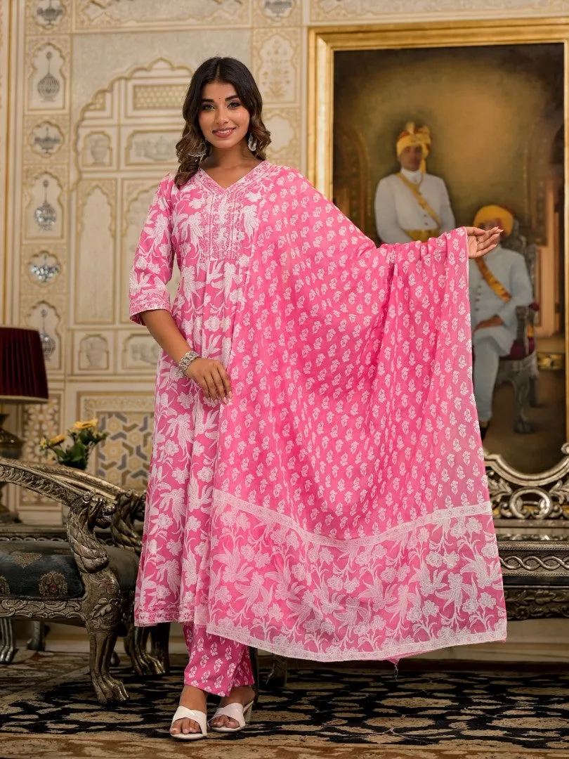 Juniper Pink Floral Printed Liva Rayon Kurta Set With Thread & Mirror Work
