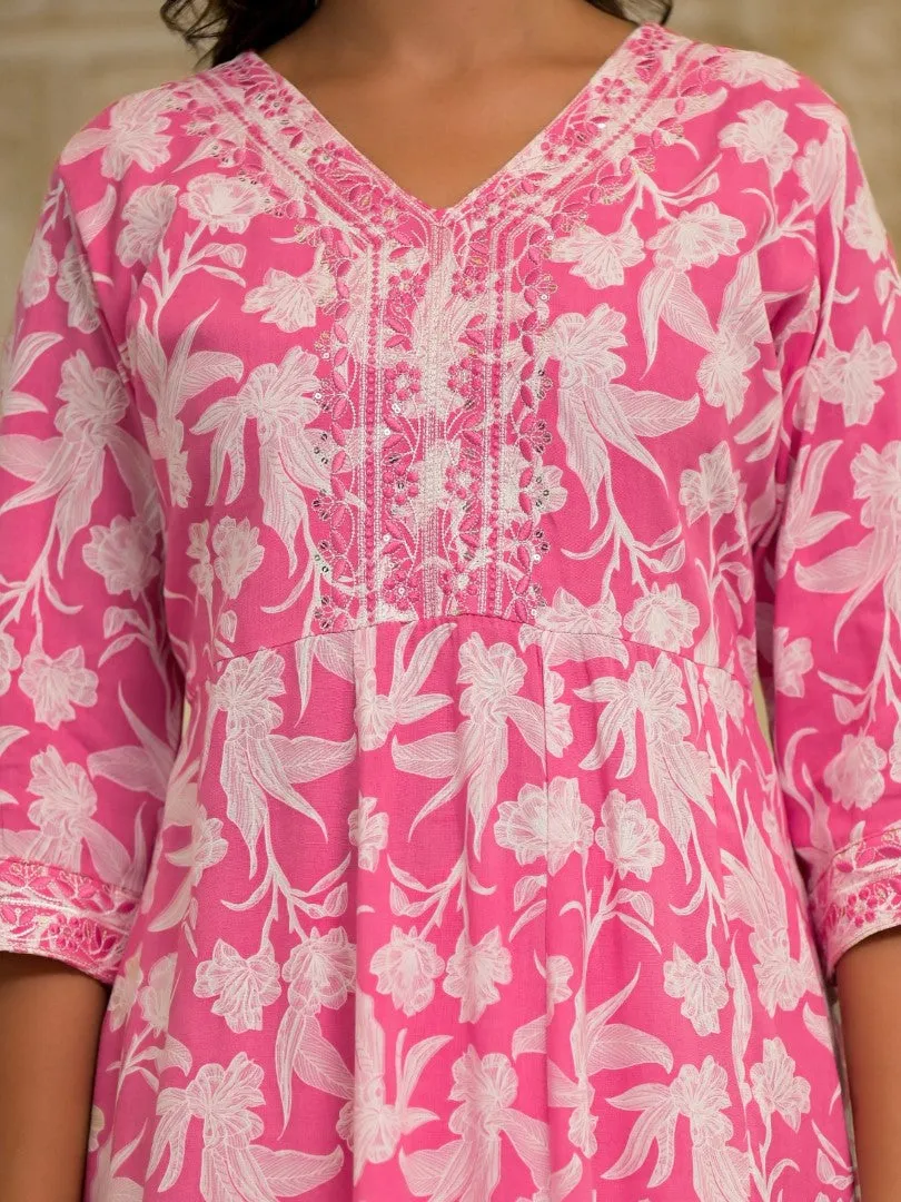 Juniper Pink Floral Printed Liva Rayon Kurta Set With Thread & Mirror Work