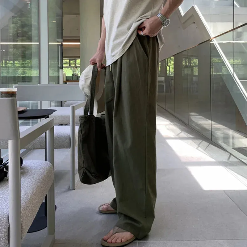Korean Style Male Pants Casual Drawstring Pocket Bottom Straight Wide Leg Elastic Waist Loose Male Trousers Chic 9C6533
