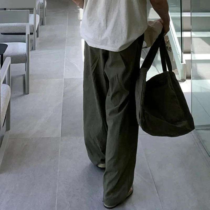 Korean Style Male Pants Casual Drawstring Pocket Bottom Straight Wide Leg Elastic Waist Loose Male Trousers Chic 9C6533
