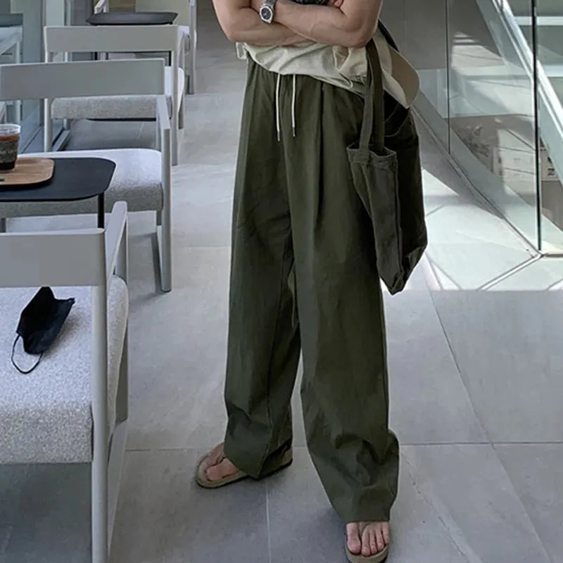 Korean Style Male Pants Casual Drawstring Pocket Bottom Straight Wide Leg Elastic Waist Loose Male Trousers Chic 9C6533