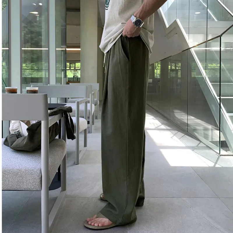 Korean Style Male Pants Casual Drawstring Pocket Bottom Straight Wide Leg Elastic Waist Loose Male Trousers Chic 9C6533