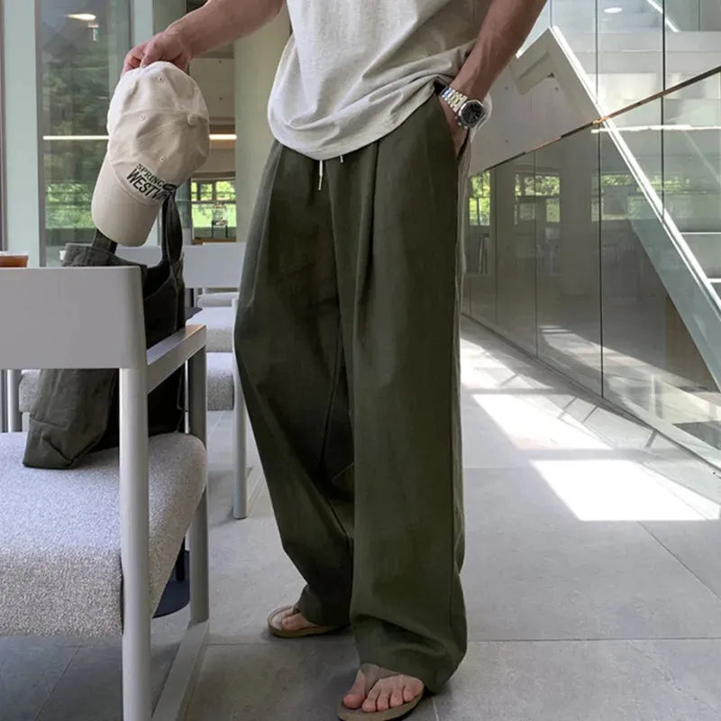 Korean Style Male Pants Casual Drawstring Pocket Bottom Straight Wide Leg Elastic Waist Loose Male Trousers Chic 9C6533