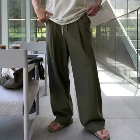 Korean Style Male Pants Casual Drawstring Pocket Bottom Straight Wide Leg Elastic Waist Loose Male Trousers Chic 9C6533