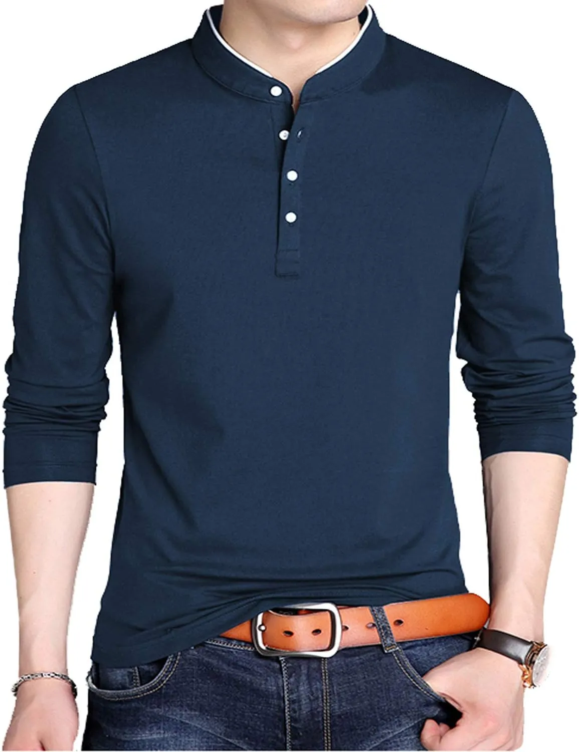 KUYIGO Men Casual Long Sleeve Polo Shirts Mandarin Collared Slim Fit Fashion Cotton Tops