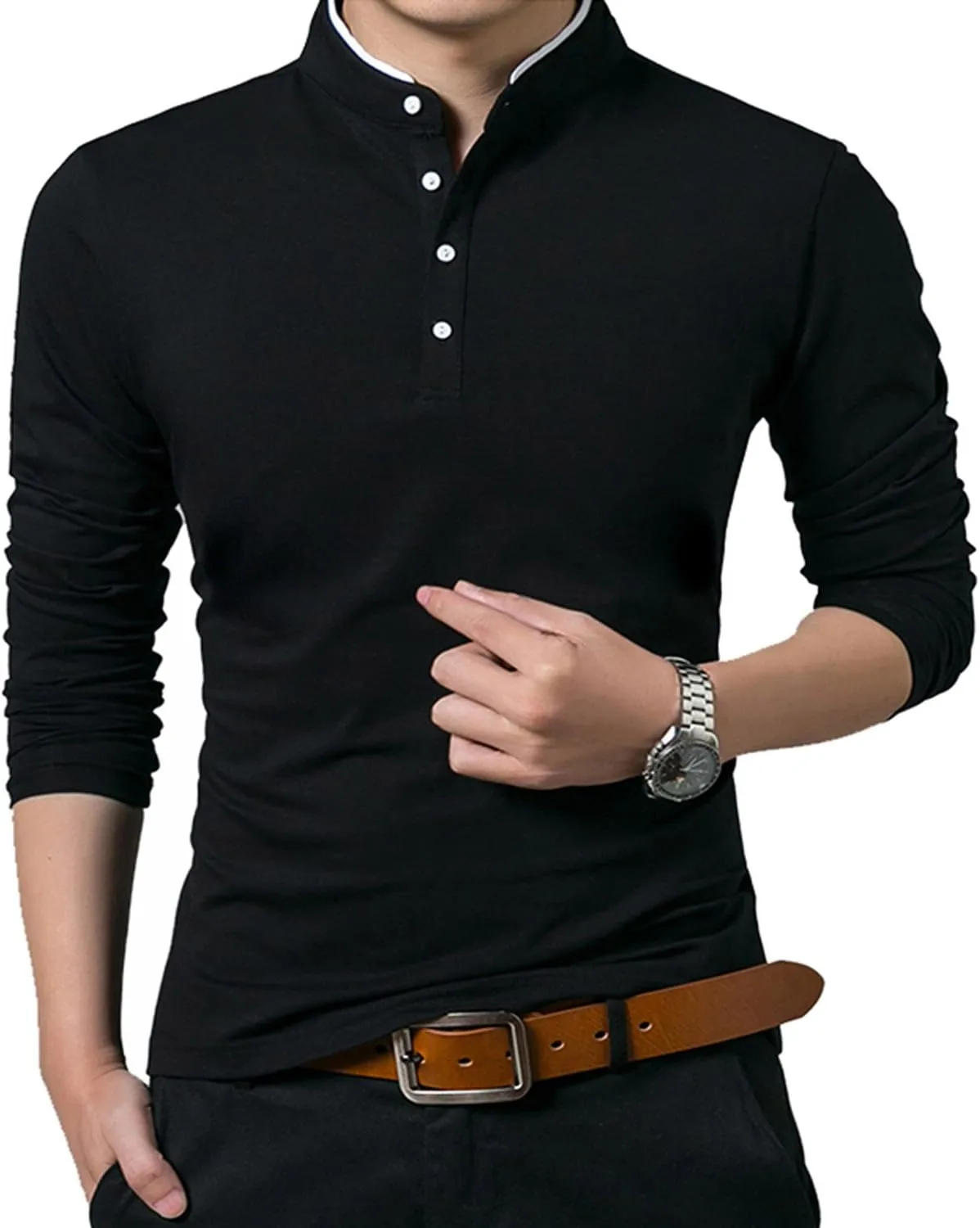 KUYIGO Men Casual Long Sleeve Polo Shirts Mandarin Collared Slim Fit Fashion Cotton Tops