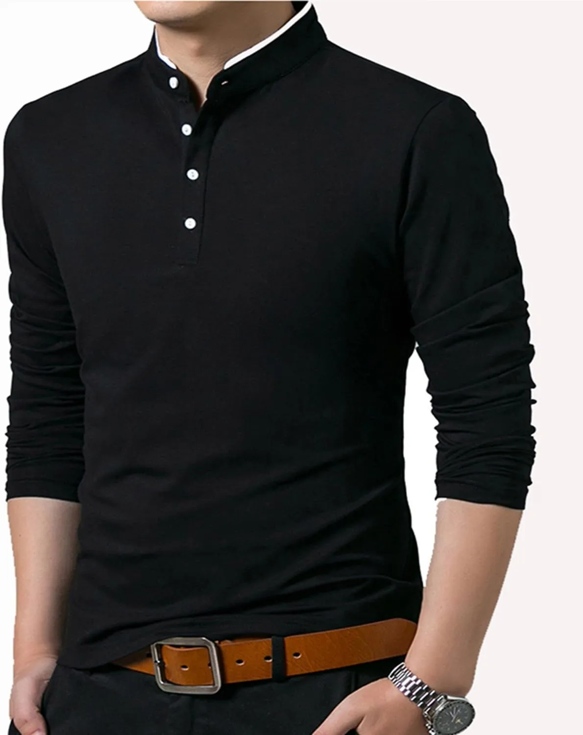 KUYIGO Men Casual Long Sleeve Polo Shirts Mandarin Collared Slim Fit Fashion Cotton Tops