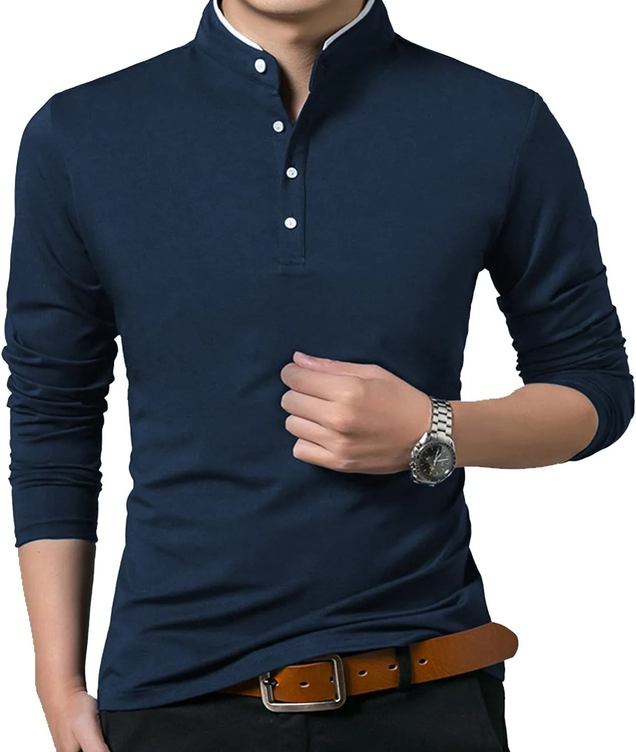 KUYIGO Men Casual Long Sleeve Polo Shirts Mandarin Collared Slim Fit Fashion Cotton Tops