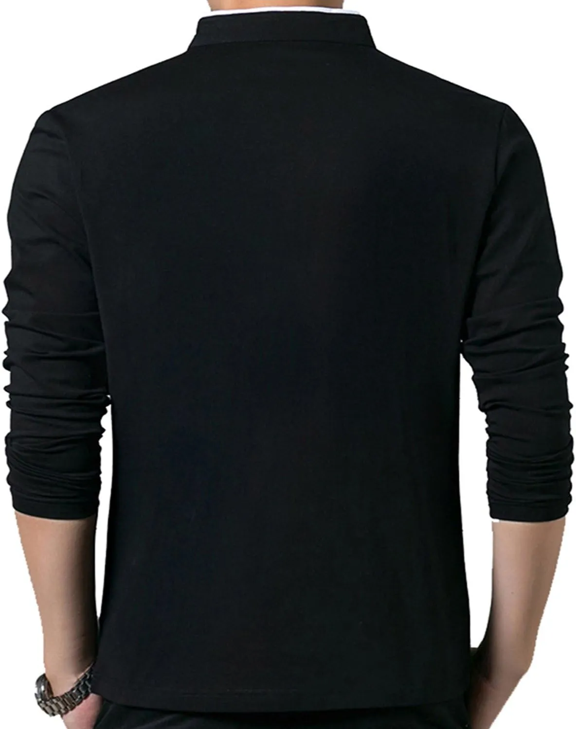 KUYIGO Men Casual Long Sleeve Polo Shirts Mandarin Collared Slim Fit Fashion Cotton Tops
