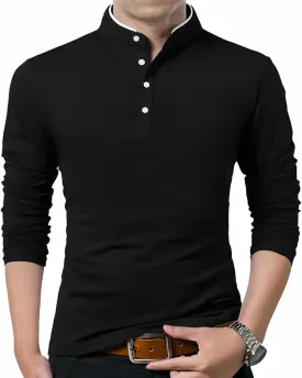 KUYIGO Men Casual Long Sleeve Polo Shirts Mandarin Collared Slim Fit Fashion Cotton Tops