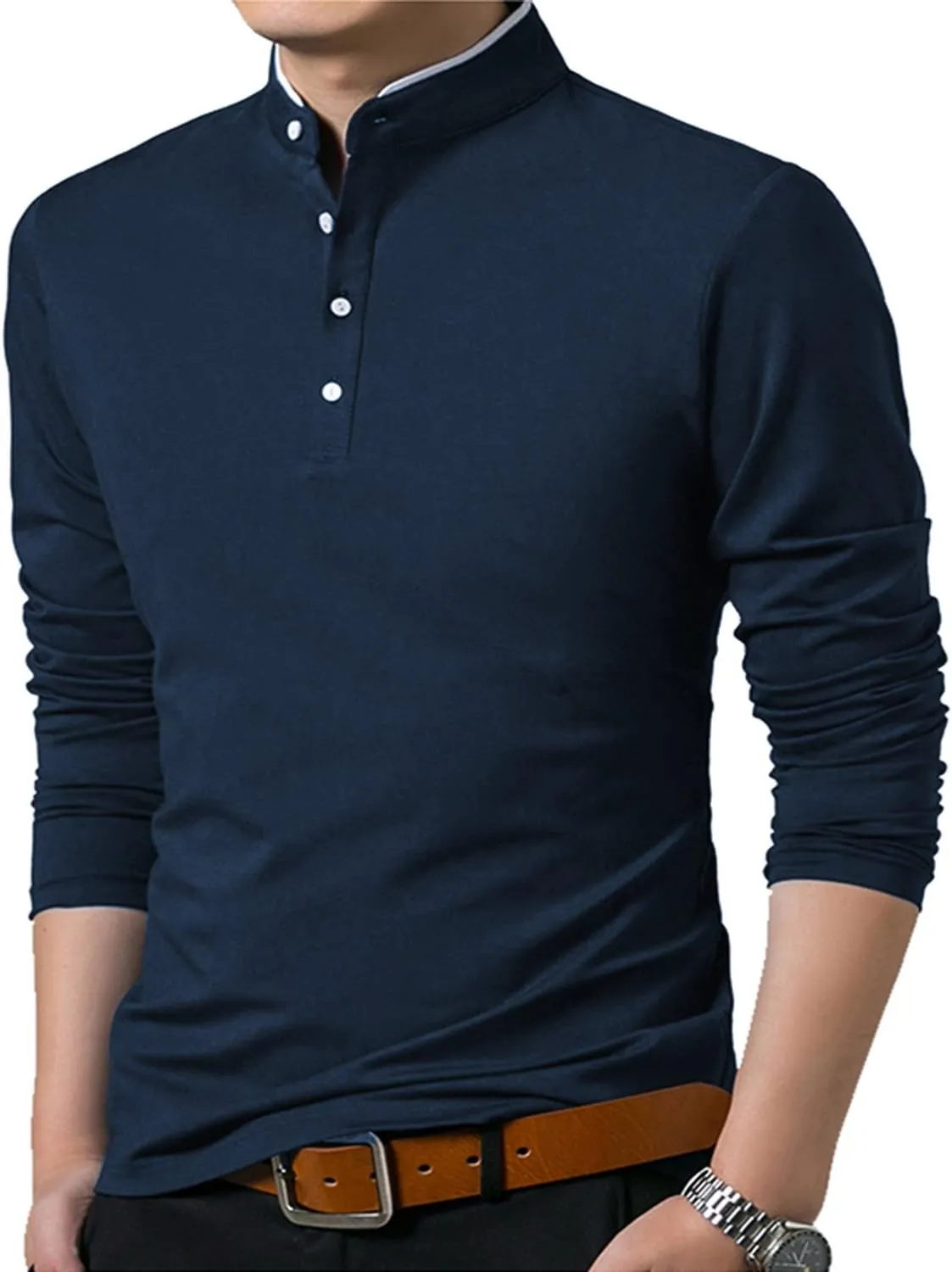 KUYIGO Men Casual Long Sleeve Polo Shirts Mandarin Collared Slim Fit Fashion Cotton Tops