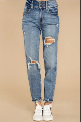 Light Blue Double-Button Distressed Denim Jeans