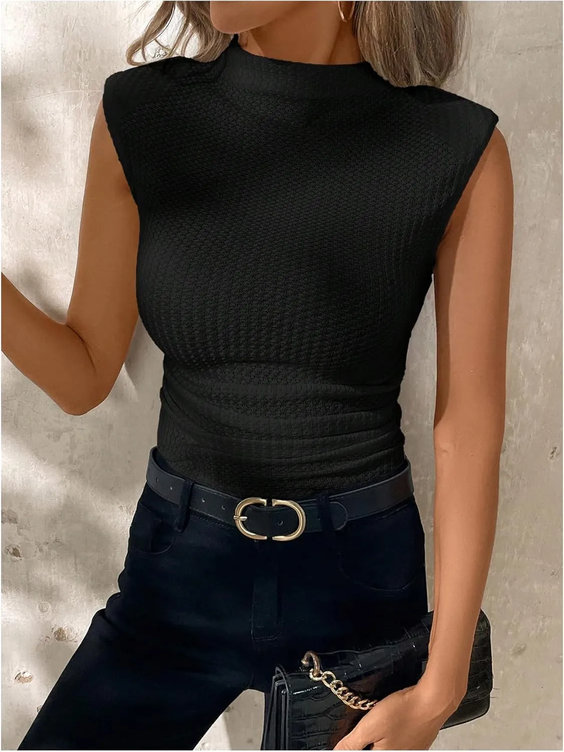 MakeMeChic Women's Casual Mock Neck Ruched Tank Top Sleeveless Slim Fit Summer Shirts