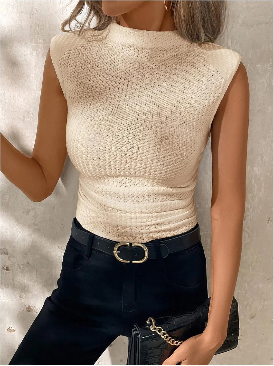 MakeMeChic Women's Casual Mock Neck Ruched Tank Top Sleeveless Slim Fit Summer Shirts