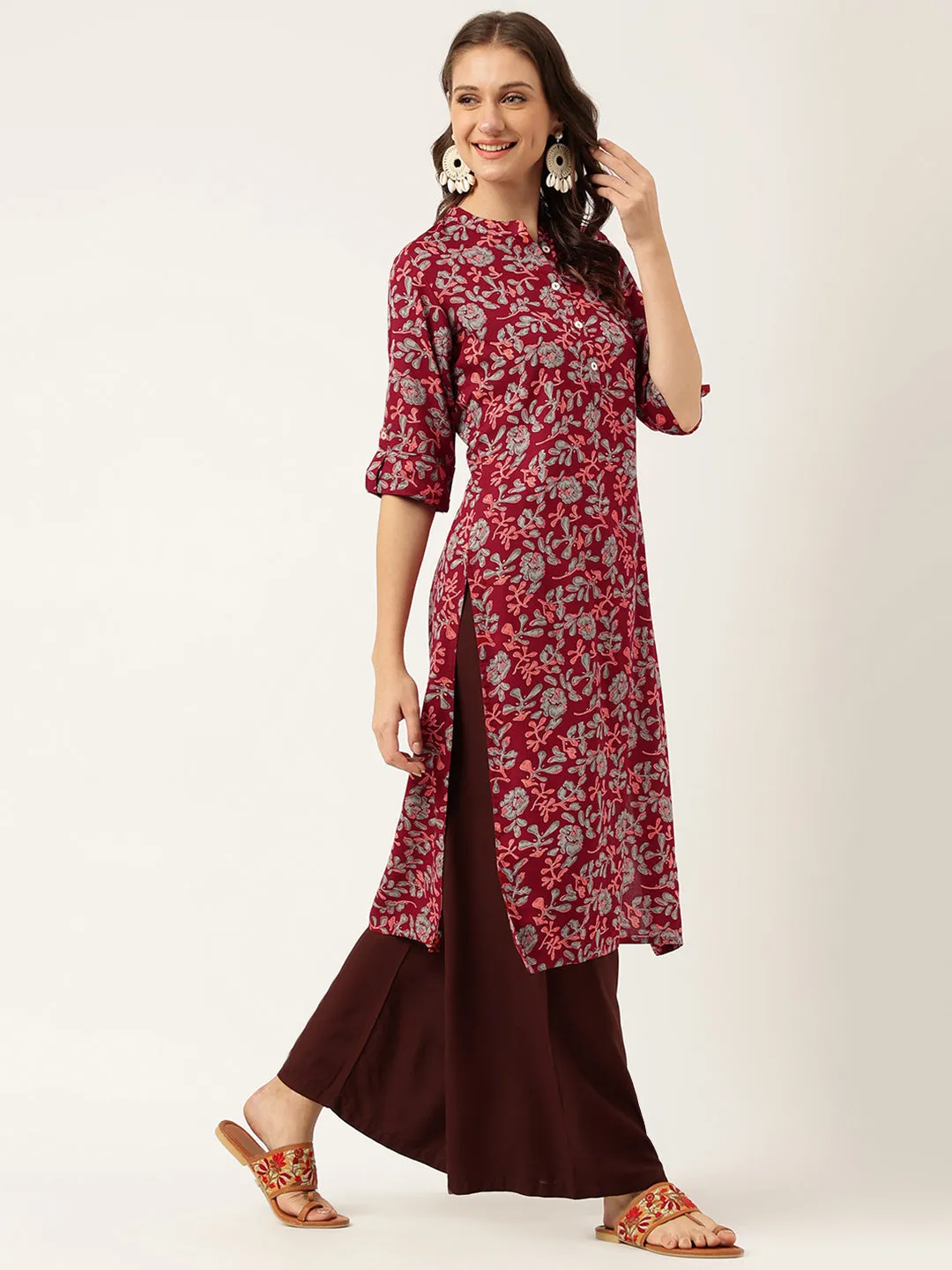 Maroon Floral Digital Printed Straight Fold Sleeve Kurta