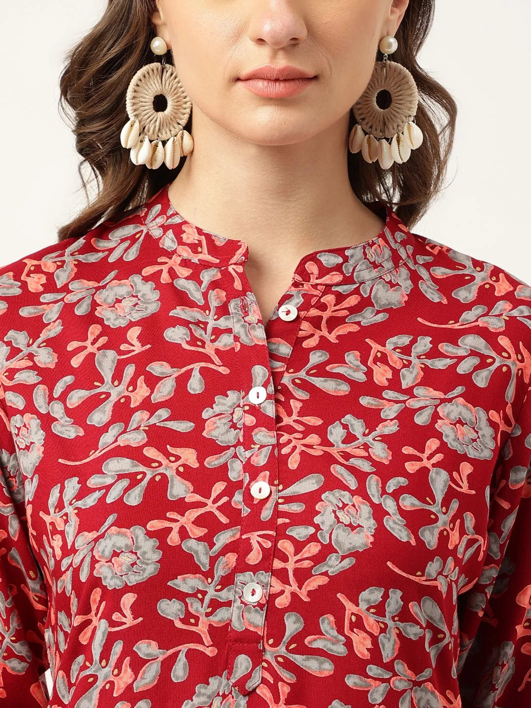 Maroon Floral Digital Printed Straight Fold Sleeve Kurta