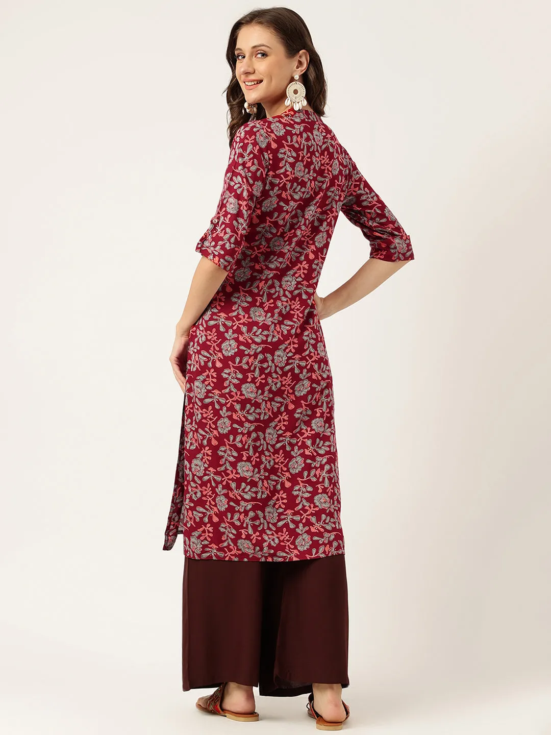 Maroon Floral Digital Printed Straight Fold Sleeve Kurta