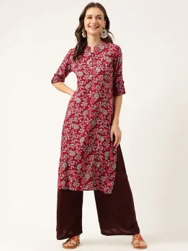 Maroon Floral Digital Printed Straight Fold Sleeve Kurta