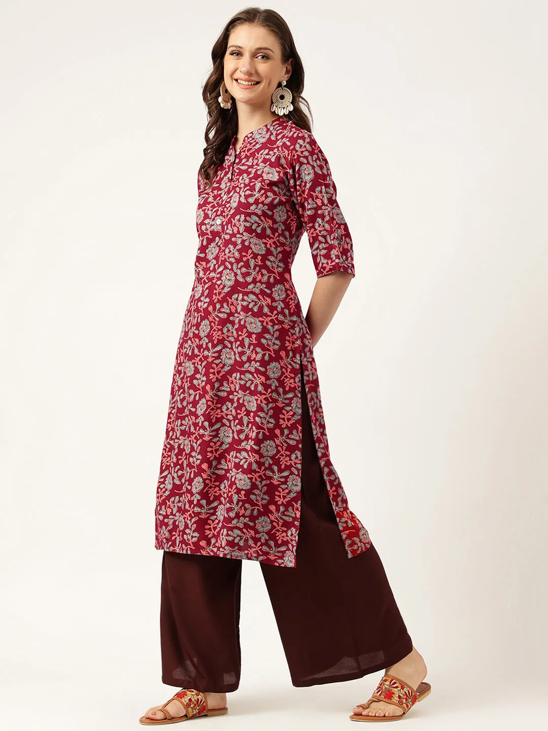 Maroon Floral Digital Printed Straight Fold Sleeve Kurta