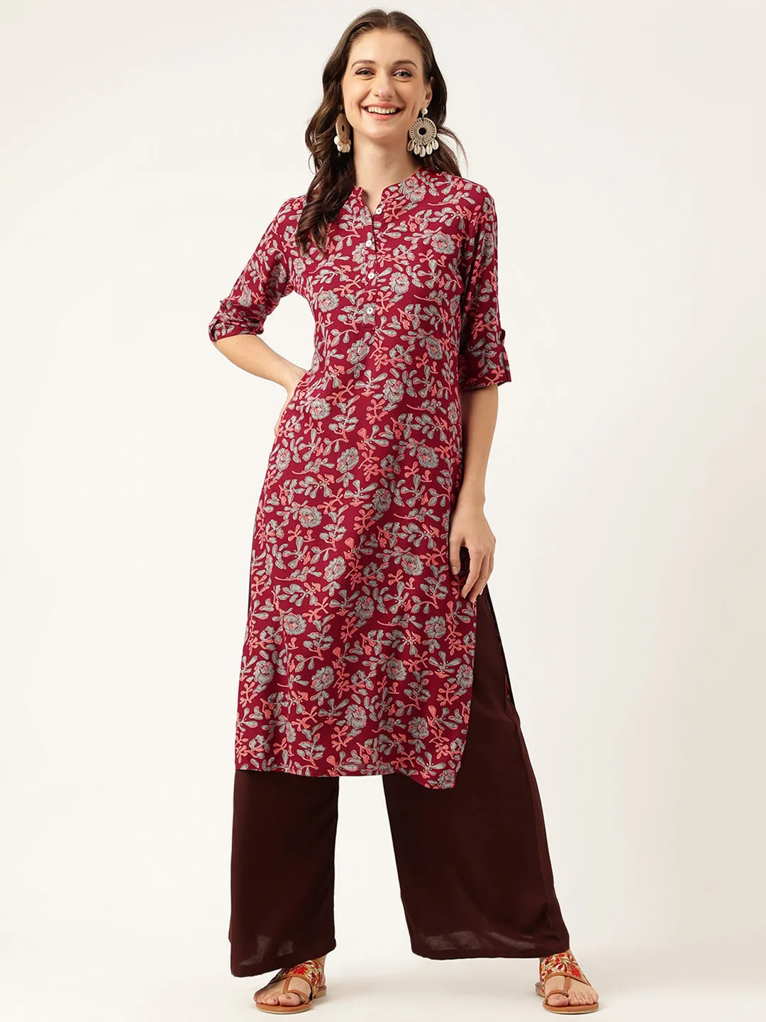 Maroon Floral Digital Printed Straight Fold Sleeve Kurta