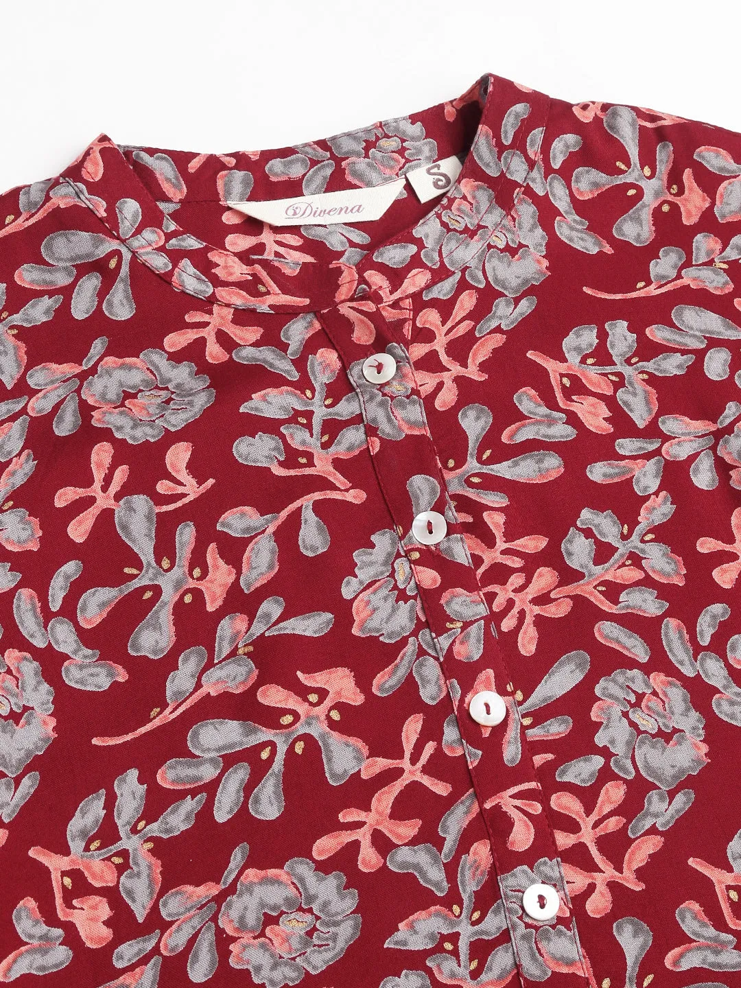 Maroon Floral Digital Printed Straight Fold Sleeve Kurta