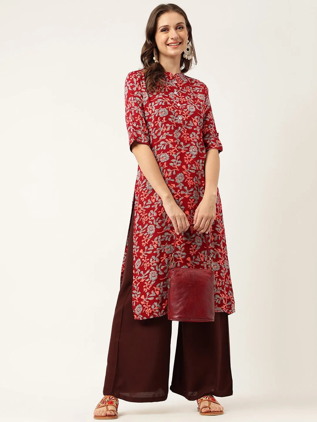 Maroon Floral Digital Printed Straight Fold Sleeve Kurta