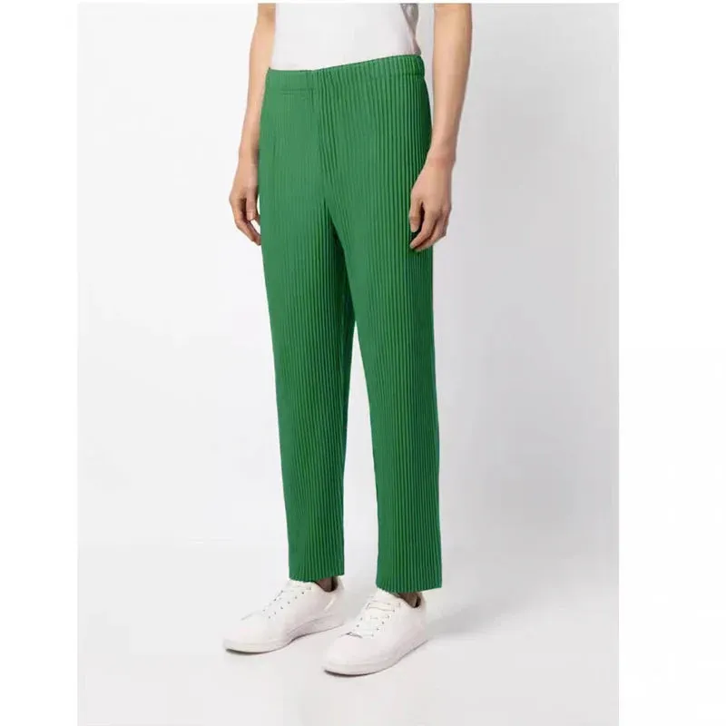 Men's Elastic Waist Straight Casual Pants 2023 New Japanese Streetwear Fashion Pleated Trousers High Waist Long Pants