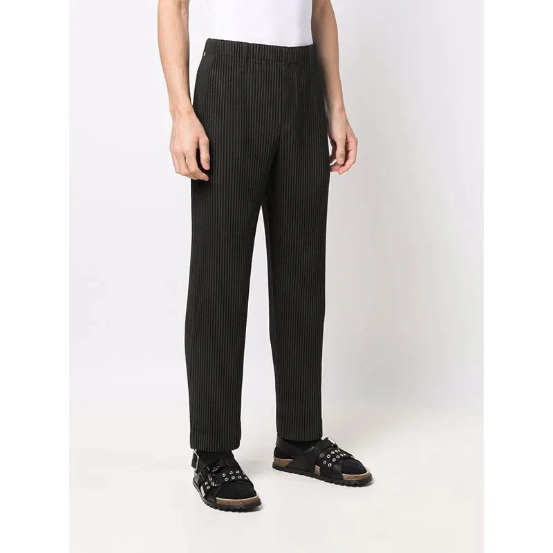Men's Elastic Waist Straight Casual Pants 2023 New Japanese Streetwear Fashion Pleated Trousers High Waist Long Pants