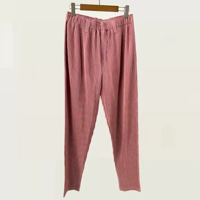Men's Elastic Waist Straight Casual Pants 2023 New Japanese Streetwear Fashion Pleated Trousers High Waist Long Pants