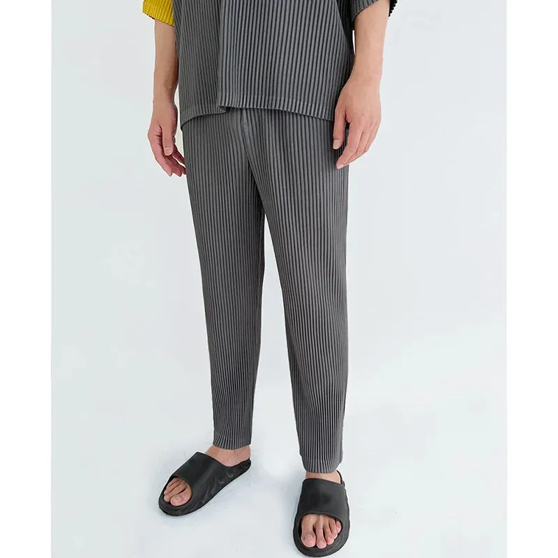 Men's Elastic Waist Straight Casual Pants 2023 New Japanese Streetwear Fashion Pleated Trousers High Waist Long Pants