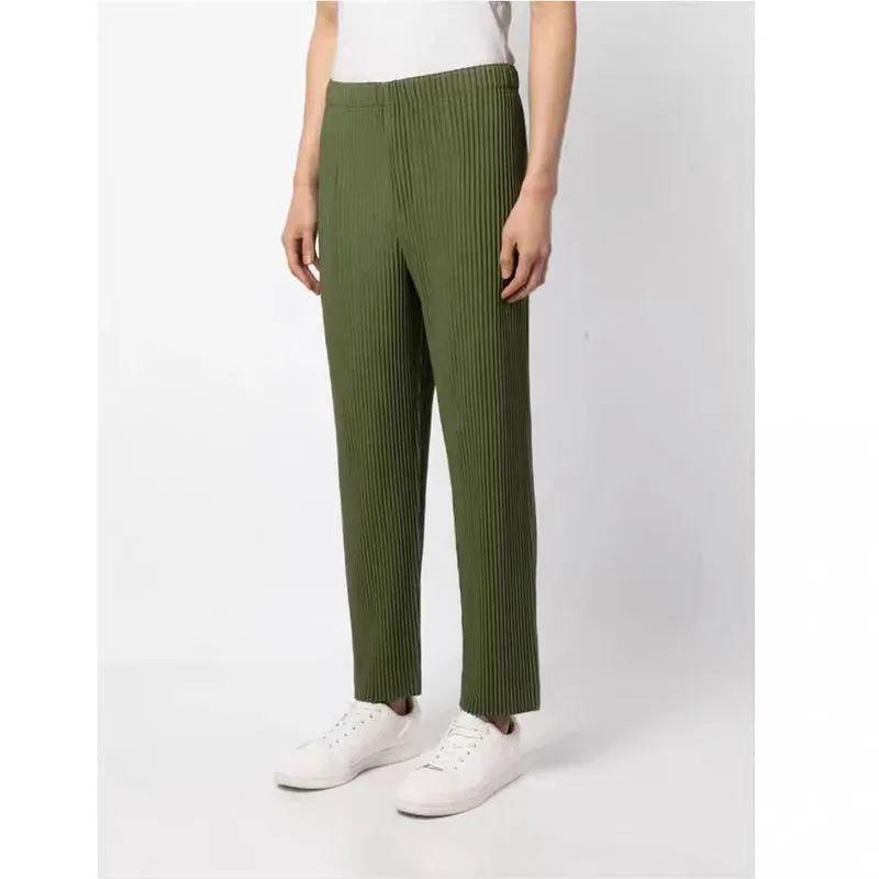 Men's Elastic Waist Straight Casual Pants 2023 New Japanese Streetwear Fashion Pleated Trousers High Waist Long Pants