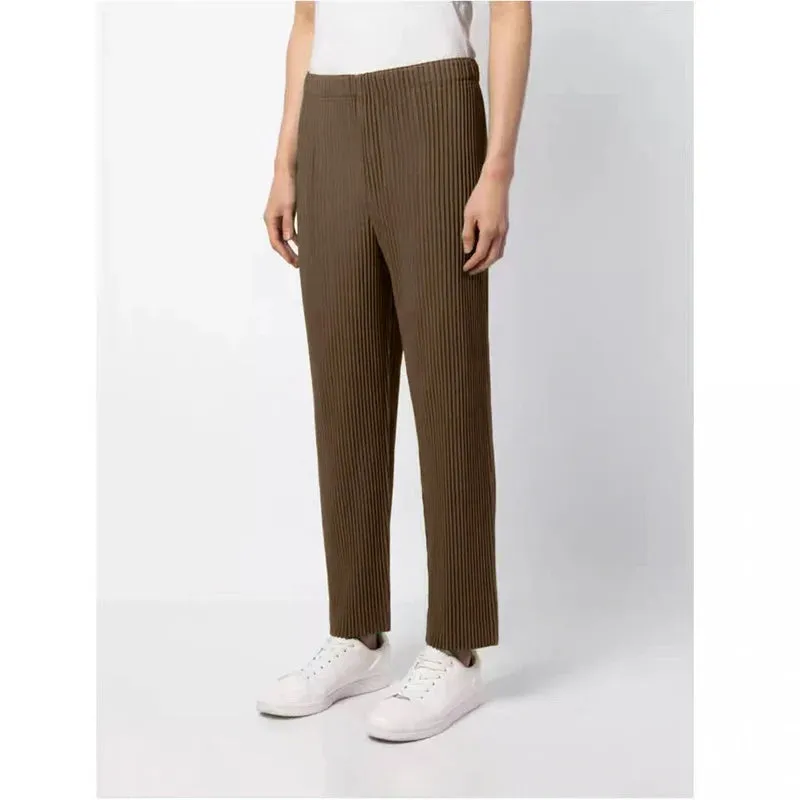 Men's Elastic Waist Straight Casual Pants 2023 New Japanese Streetwear Fashion Pleated Trousers High Waist Long Pants