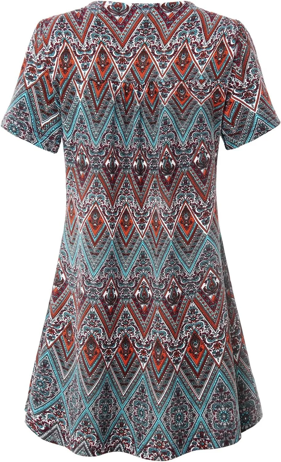MOQIVGI Womens V Neck Printed Loose Fit Casual Blouse Top Tunic Shirt