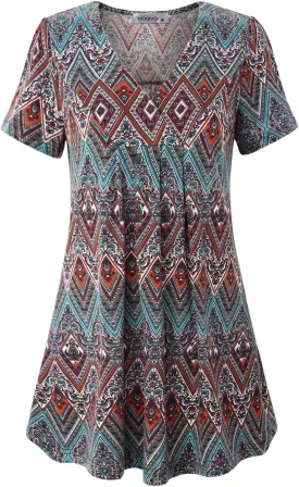 MOQIVGI Womens V Neck Printed Loose Fit Casual Blouse Top Tunic Shirt