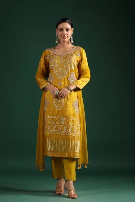 Mustard Bandhej Gajji Silk Kurta Set