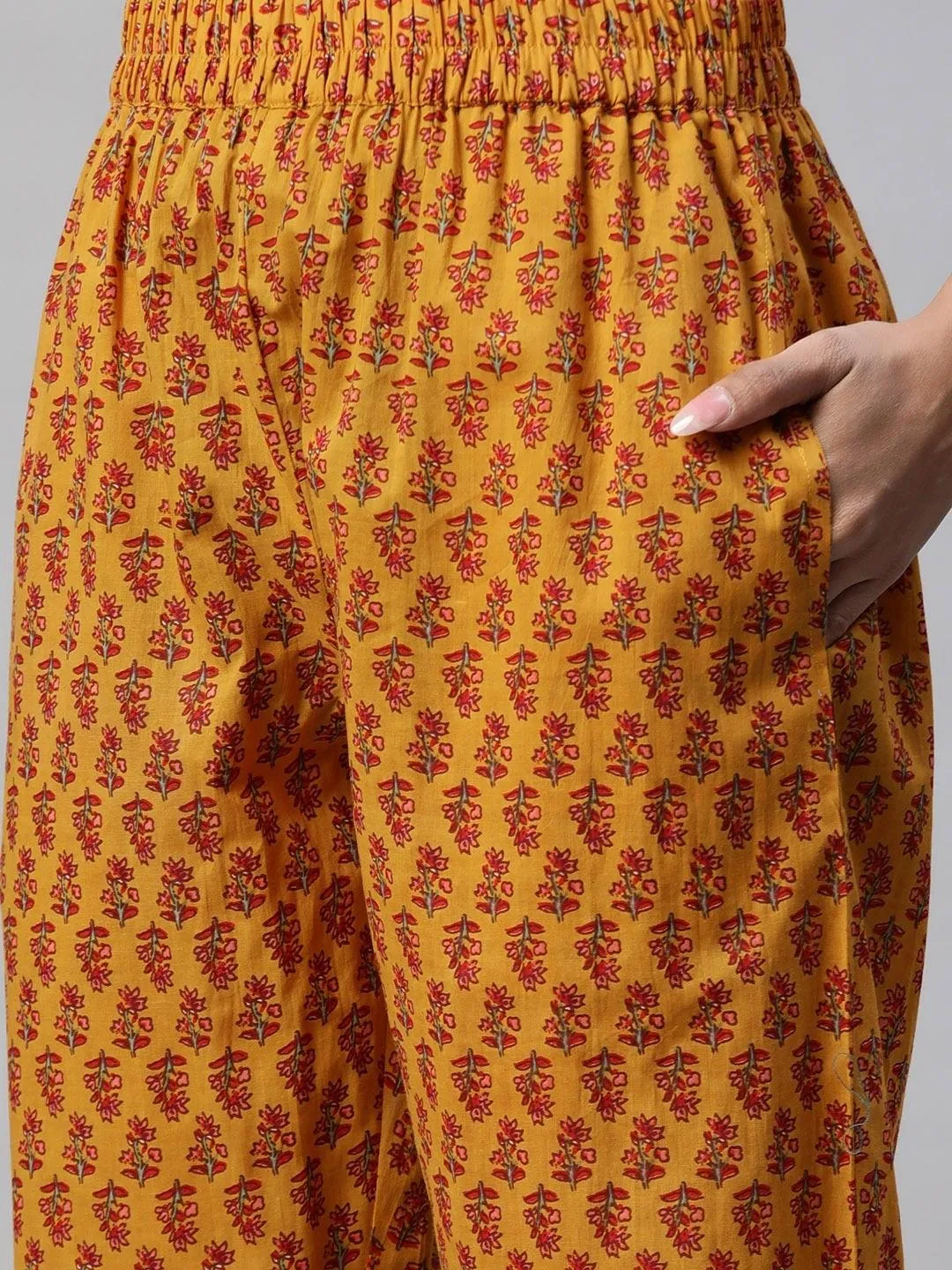 Mustard Cotton Floral Printed Kurta Pant Set
