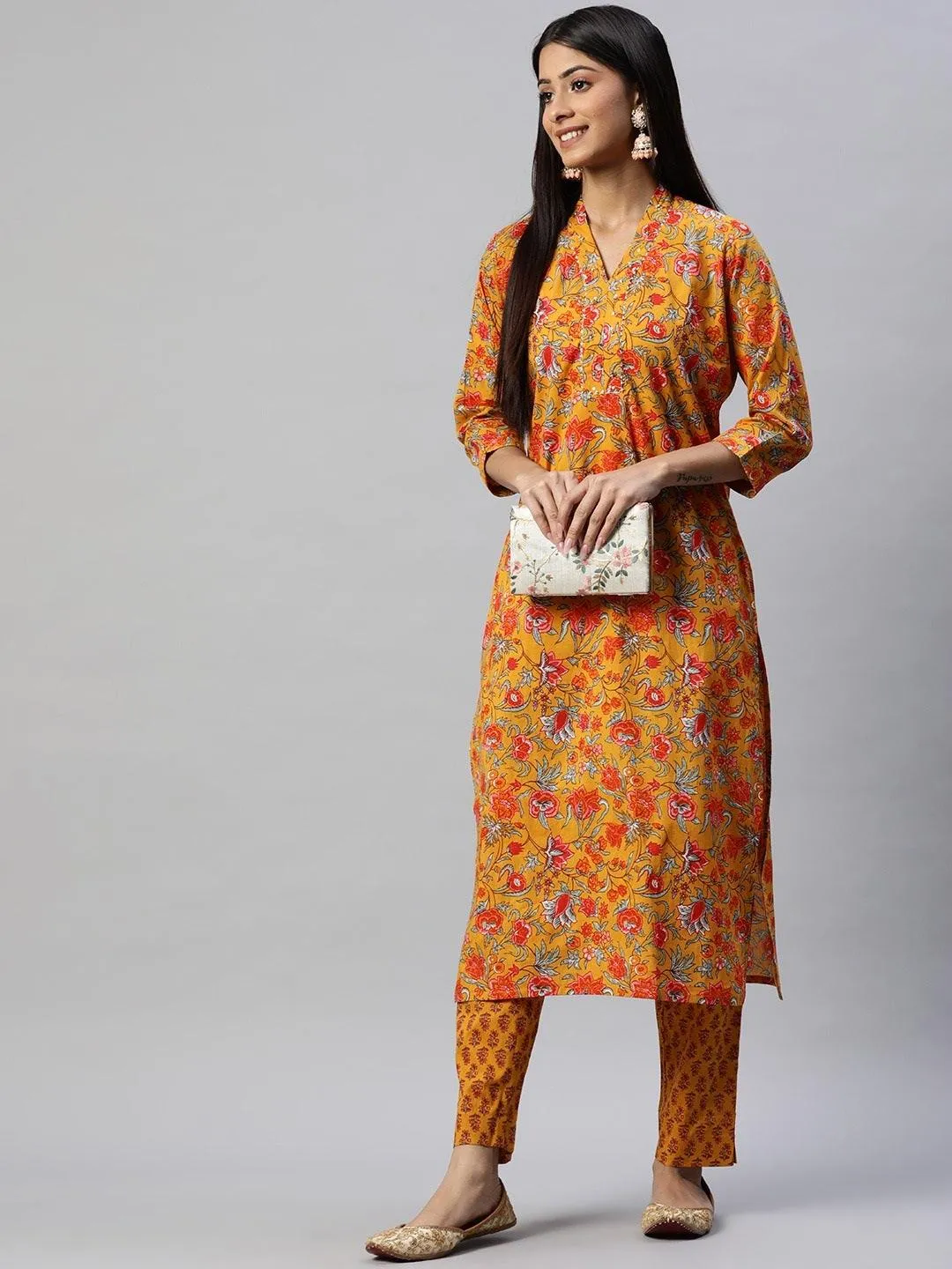 Mustard Cotton Floral Printed Kurta Pant Set
