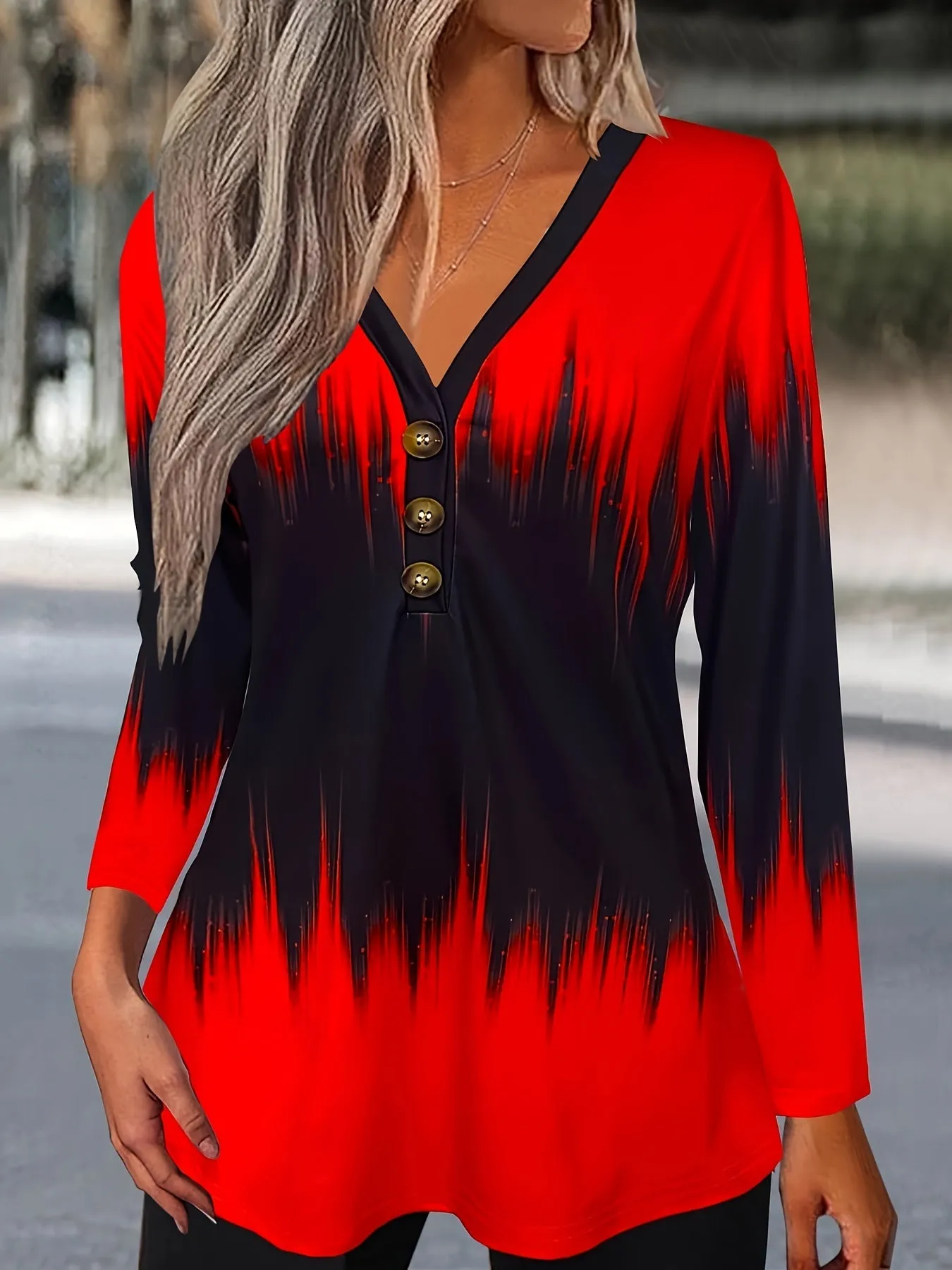 Ombre Stripe Print Plus Size Long Sleeve V Neck Tshirt
