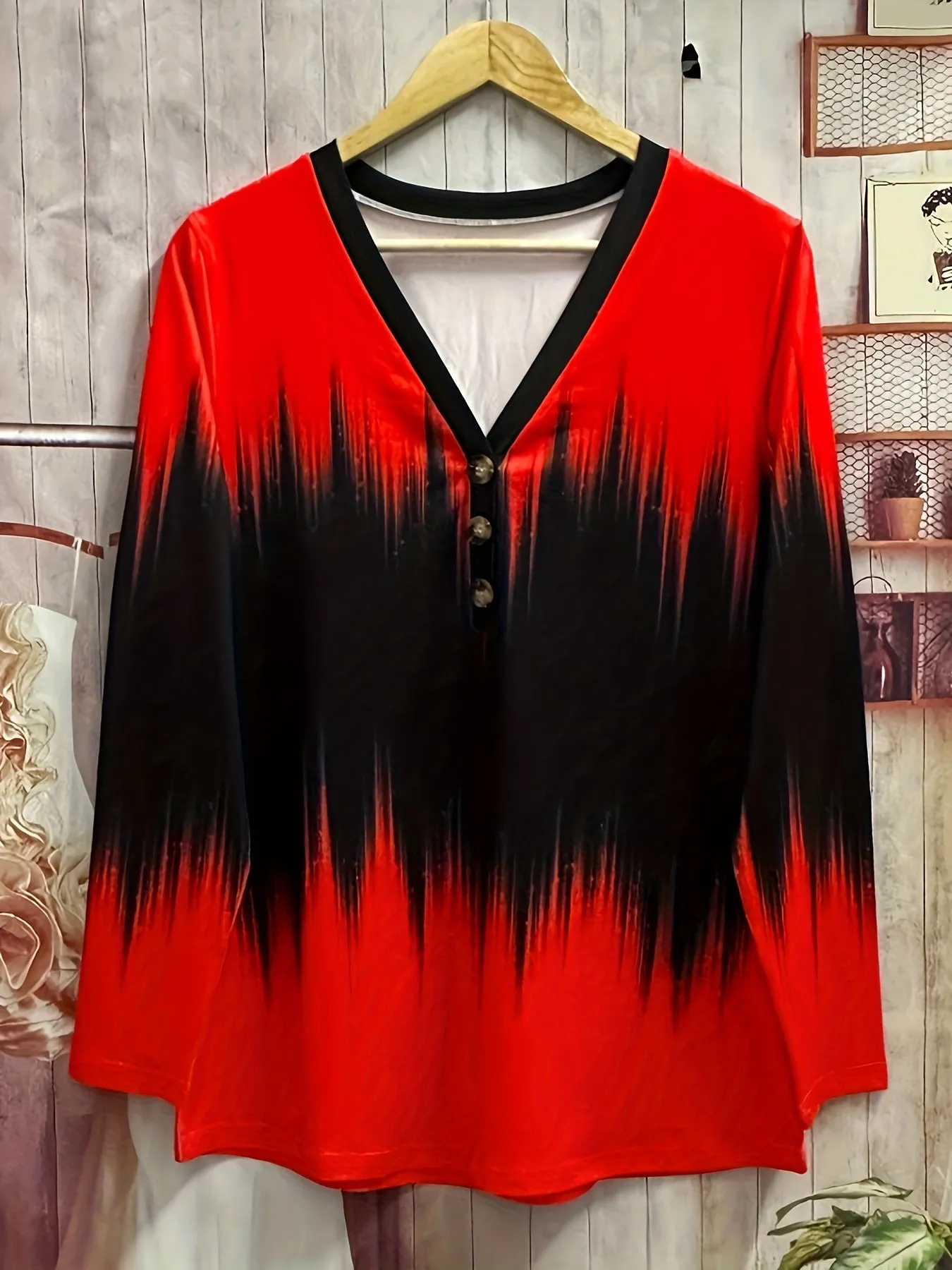 Ombre Stripe Print Plus Size Long Sleeve V Neck Tshirt