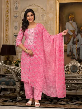Pink Ethnic Motif Printed Cotton Kurta, Pant And Dupatta Set  With Thread And Mirror Work