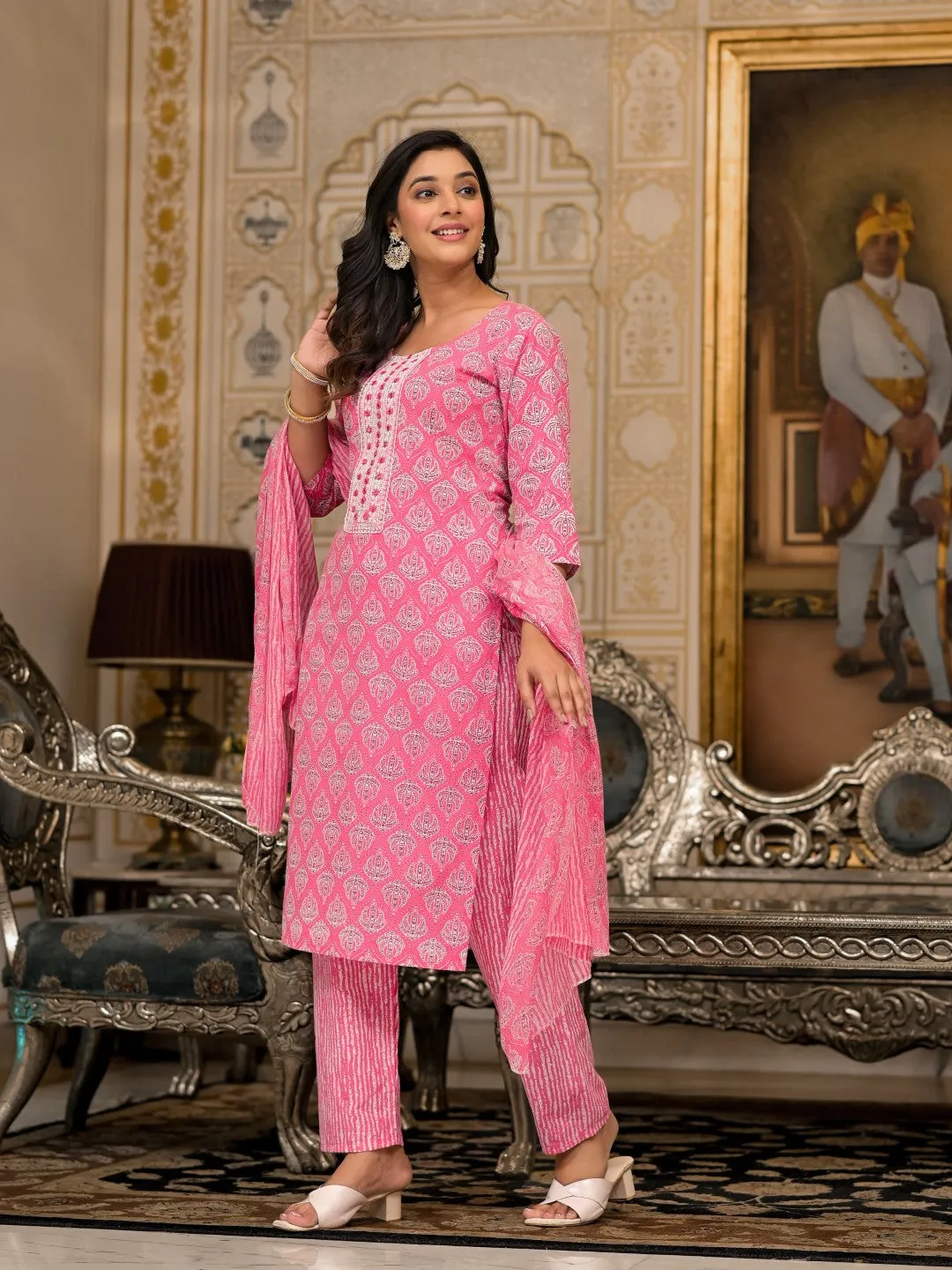 Pink Ethnic Motif Printed Cotton Kurta, Pant And Dupatta Set  With Thread And Mirror Work