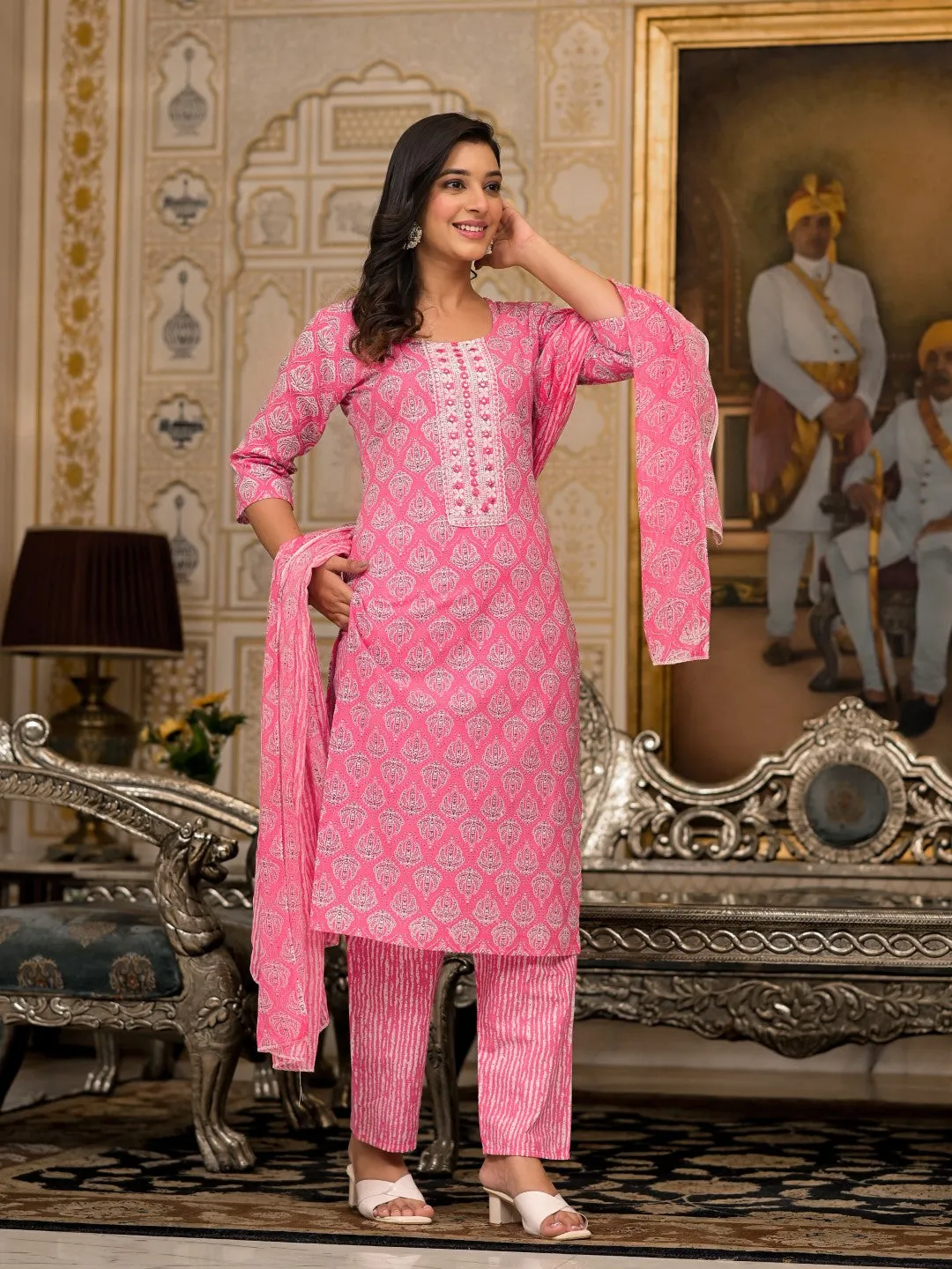 Pink Ethnic Motif Printed Cotton Kurta, Pant And Dupatta Set  With Thread And Mirror Work