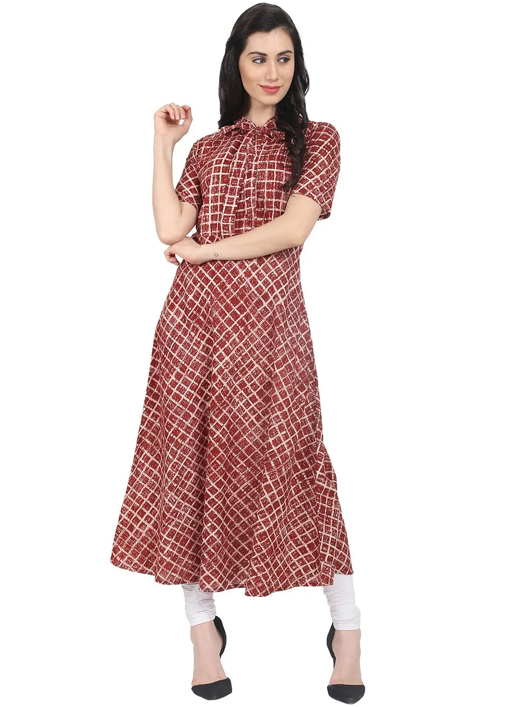 Red Check Printed Half Sleeve Cotton A-Line Kurta