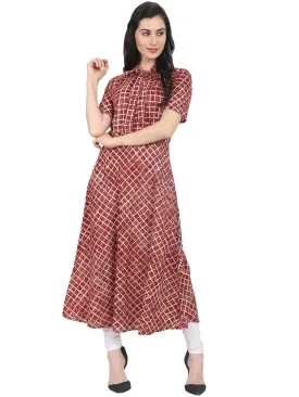 Red Check Printed Half Sleeve Cotton A-Line Kurta