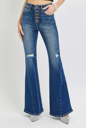 RISEN Women Flare Jeans US Stock Distressed Button-Fly Buttoned High Waist
