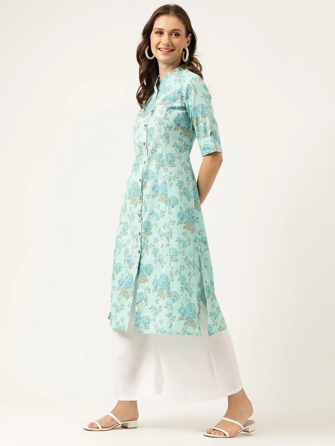 Sea Green Floral Printed Cotton A-Line  Kurta