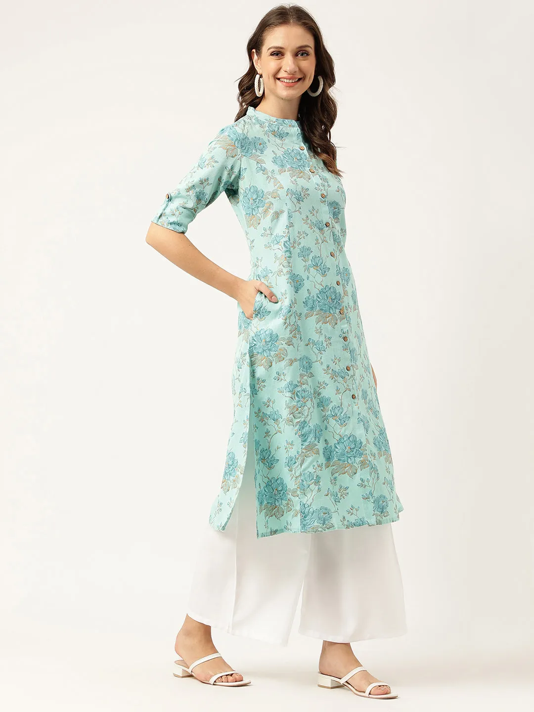 Sea Green Floral Printed Cotton A-Line  Kurta