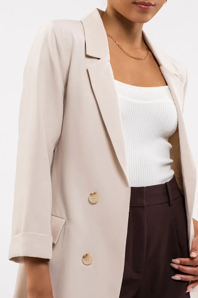 Solid Folded Sleeve Blazer in Oatmeal by Blu Pepper