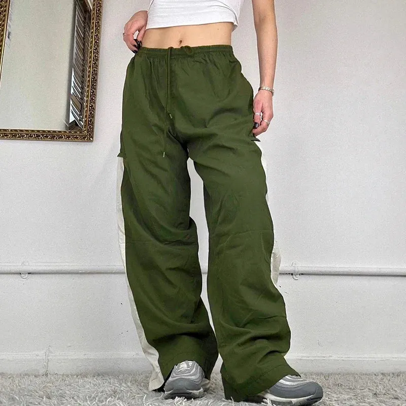 Streetwear Loose Stripe Patchwork Women Pants Elastic Waist Casual Basic Straight Leg Trousers Joggers Contrast Color
