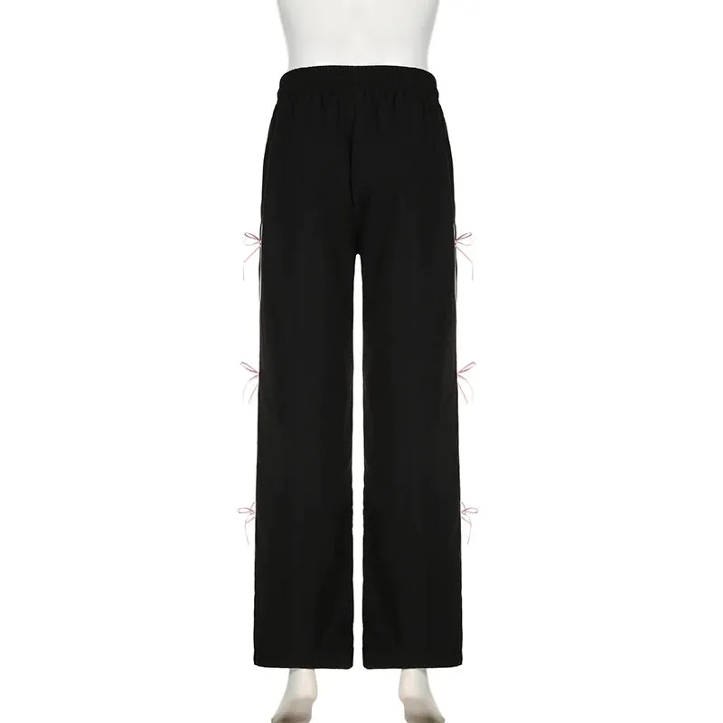 Streetwear Stripe Loose Women Pants Sweet Coquette Clothes Straight Leg Bow Sporty Trousers Cutecore Joggers Outfits